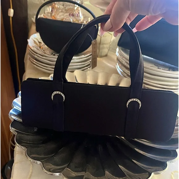 Black satin evening bag with rhinestone accents - Picture 1 of 3
